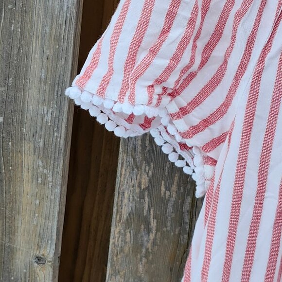 BEAUTIFUL CLEO BLOUSE Women's Size M Pinstripe Pom Pom Sleeve Beach Blanket - Picture 7 of 7